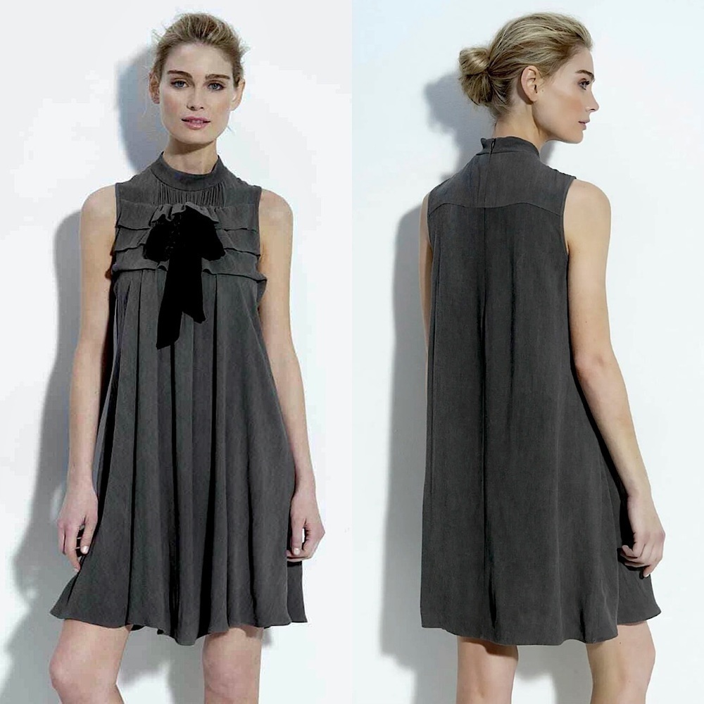 THEORY‎ 70s Satin Ruffle Front Velvet Bow Sleeveless High Neck Babydoll Dress 6
